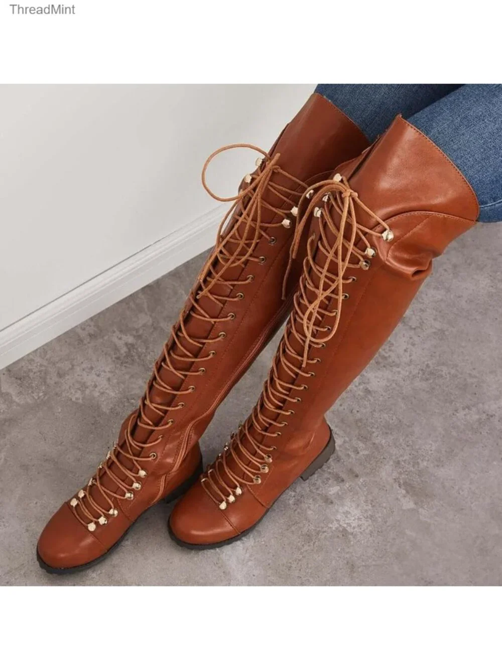 Over The Knee Boots Lace-up Flat Long Boot PU Leather Riding Boot Women